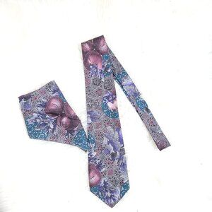 💕 Grancarlo Collection Vintage Mens Gray Floral Neck Tie Matching Pocket Square